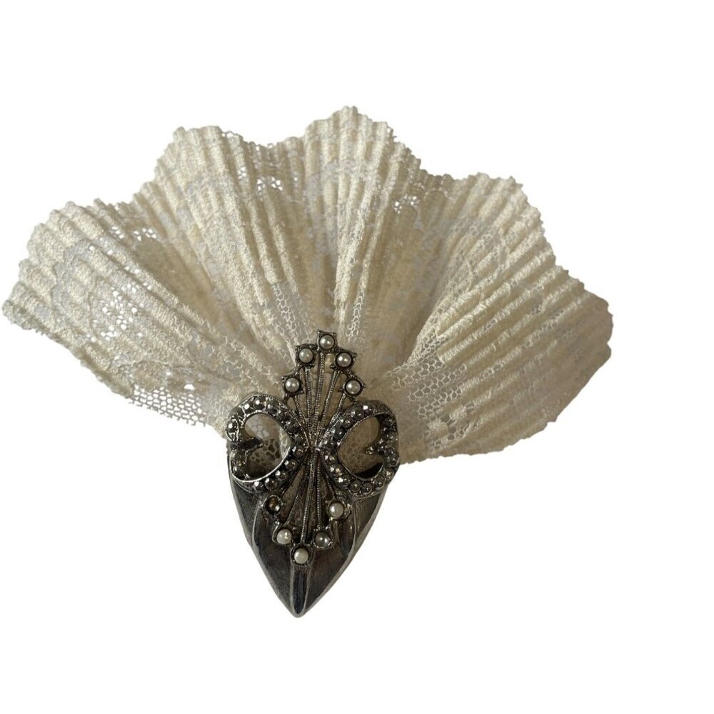 Vintage Victorian Silver-Tone Brooch Pearls Rhinestones On Cream Lace Pinback